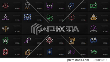 Set of Time, Speedometer and Correct answer line icons. Include Happy emotion, Work home, Artificial intelligence icons. Distribution, Binary code, Restructuring web elements. Vector 96004085
