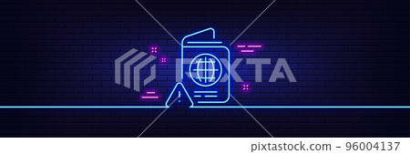 Neon light glow effect. Passport warning line icon. Attention triangle sign. Citizenship document alert symbol. 3d line neon glow icon. Brick wall banner. Passport warning outline. Vector Neon light glow effect. Passport warning line icon. Attention triangle sign. Citizenship document alert symbol. 3d line neon glow icon. Brick wall banner. Passport warning outline. Vector 96004137