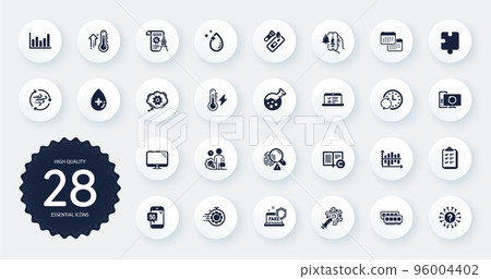 Set of Science icons, such as Calendar, Cogwheel and Inspect flat icons. Divider document, Chemistry lab, Fake internet web elements. Checklist, Covid test, Question mark signs. Circle buttons. Vector 96004402