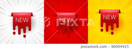 New offer ribbon banner. Flash offer banner, coupon or poster. Arrival red transition label. New offer flow tag icon. New ribbon promo banner. Retail marketing flyer. Starburst pop art. Vector 96004425