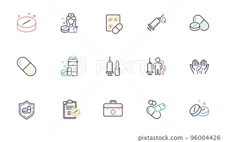 Medical drugs line icons. Healthcare, Prescription and Pill signs. Pharmacy drugs, recipe pill icons. Antibiotic capsule, syringe vaccination. Linear set. Bicolor outline web elements. Vector 96004426