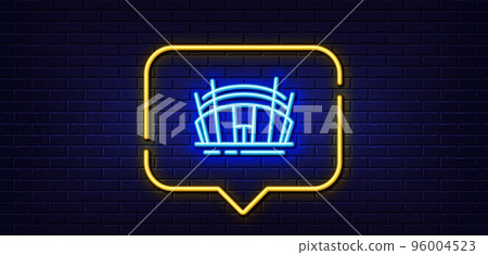 Neon light speech bubble. Arena stadium line icon. Sport complex sign. Championship building symbol. Neon light background. Arena stadium glow line. Brick wall banner. Vector Neon light speech bubble. Arena stadium line icon. Sport complex sign. Championship building symbol. Neon light background. Arena stadium glow line. Brick wall banner. Vector 96004523