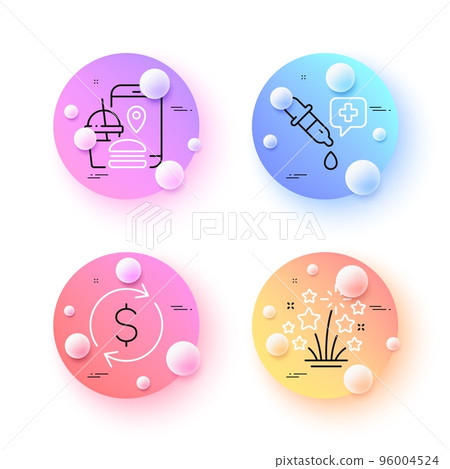 Food app, Chemistry pipette and Fireworks stars minimal line icons. 3d spheres or balls buttons. Dollar exchange icons. For web, application, printing. Vector Food app, Chemistry pipette and Fireworks stars minimal line icons. 3d spheres or balls buttons. Dollar exchange icons. For web, application, printing. Vector 96004524
