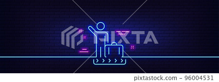 Neon light glow effect. Luggage belt line icon. Suitcase bag sign. Baggage claim symbol. 3d line neon glow icon. Brick wall banner. Luggage belt outline. Vector Neon light glow effect. Luggage belt line icon. Suitcase bag sign. Baggage claim symbol. 3d line neon glow icon. Brick wall banner. Luggage belt outline. Vector 96004531