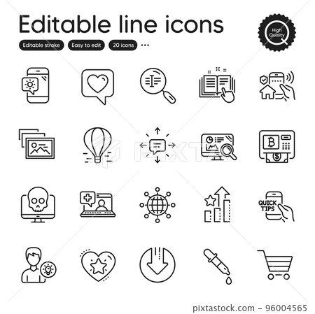 Set of Technology outline icons. Contains icons as Bitcoin atm, Ranking stars and International globe elements. Sms, Air balloon, Technical documentation web signs. Person idea. Vector Set of Technology outline icons. Contains icons as Bitcoin atm, Ranking stars and International globe elements. Sms, Air balloon, Technical documentation web signs. Person idea. Vector 96004565