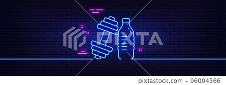 Neon light glow effect. Dumbbell with water bottle line icon. Workout equipment sign. Gym fit symbol. 3d line neon glow icon. Brick wall banner. Dumbbell outline. Vector Neon light glow effect. Dumbbell with water bottle line icon. Workout equipment sign. Gym fit symbol. 3d line neon glow icon. Brick wall banner. Dumbbell outline. Vector 96004566