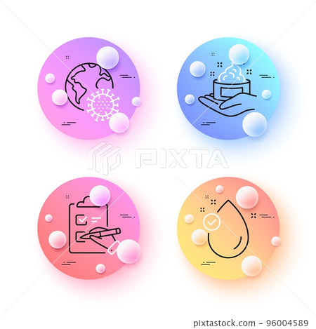 Coronavirus pandemic, Vitamin e and Skin care minimal line icons. 3d spheres or balls buttons. Checklist icons. For web, application, printing. Covid infection, Oil drop, Hand cream. Vector 96004589
