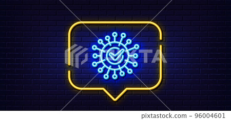 Neon light speech bubble. Confirmed coronavirus line icon. Covid-19 virus sign. Corona virus symbol. Neon light background. Coronavirus glow line. Brick wall banner. Vector 96004601