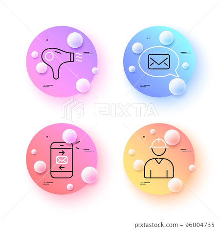 Mail, Hair dryer and Engineer minimal line icons. 3d spheres or balls buttons. Messenger icons. For web, application, printing. Smartphone communication, Hairdryer, Worker profile. New message. Vector Mail, Hair dryer and Engineer minimal line icons. 3d spheres or balls buttons. Messenger icons. For web, application, printing. Smartphone communication, Hairdryer, Worker profile. New message. Vector 96004735