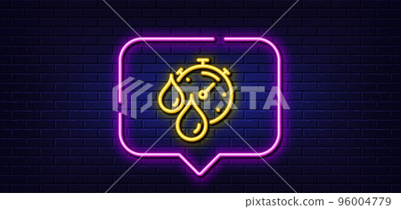 Neon light speech bubble. Paint drying time line icon. Timer with dye drops sign. Dry time symbol. Neon light background. Timer glow line. Brick wall banner. Vector 96004779
