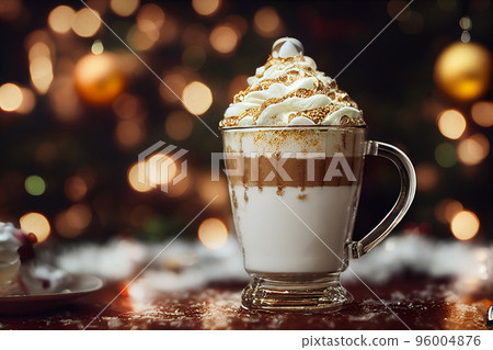 3d illustration of gingerbread latte in glass, whipped cream, side view, christmas ornaments, christmas mood, 3d illustration of gingerbread latte in glass, whipped cream, side view, christmas ornaments, christmas mood, 96004876