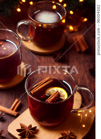 3d illustration of steaming hot mulled wine in glass mug on wooden background, cinnamon sticks, christmas 3d illustration of steaming hot mulled wine in glass mug on wooden background, cinnamon sticks, christmas 96004882