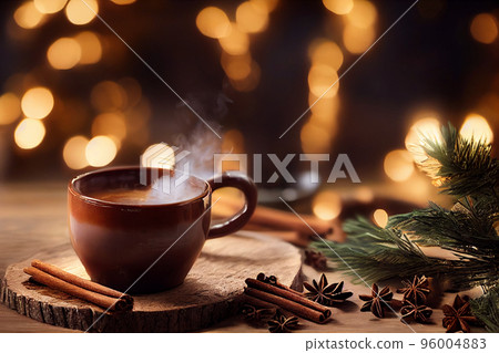 3d illustration steaming hot caramel latte in brown mug on wooden background, cinnamon sticks, christmas 3d illustration steaming hot caramel latte in brown mug on wooden background, cinnamon sticks, christmas 96004883