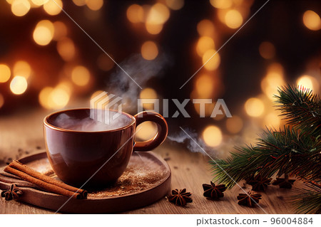 3d illustration steaming hot caramel latte in ceramic mug on wooden background, cinnamon sticks, christmas 3d illustration steaming hot caramel latte in ceramic mug on wooden background, cinnamon sticks, christmas 96004884