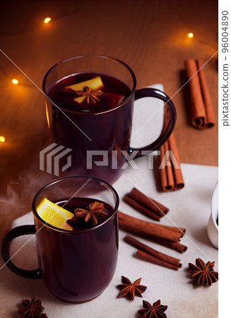 3d rendering of steaming hot mulled wine in glass mug on wooden background, cinnamon sticks, christmas 3d rendering of steaming hot mulled wine in glass mug on wooden background, cinnamon sticks, christmas 96004890