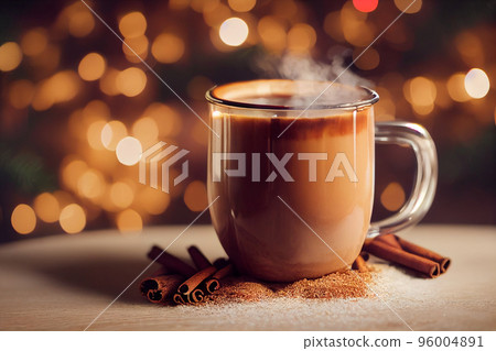 3d rendering steaming hot caramel latte in glass mug on wooden background, cinnamon sticks, christmas vibe 96004891