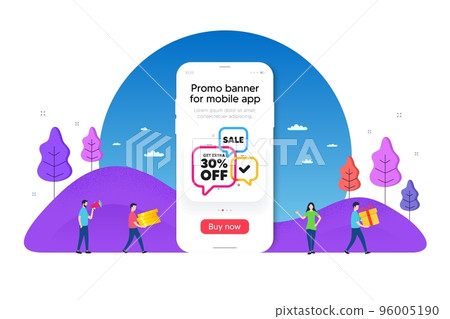 Sale 30 percent banner. Phone ui interface banner. Discount sticker shape. Coupon bubbles icon. Mobile smartphone promo banner. Sale 30 tag. Man with gift box. Vector 96005190