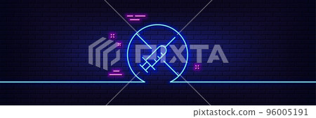 Neon light glow effect. No vaccine line icon. Stop Vaccination sign. Syringe jab symbol. 3d line neon glow icon. Brick wall banner. No vaccine outline. Vector 96005191