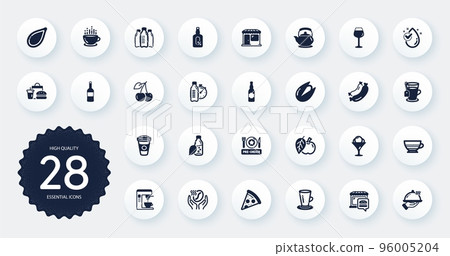 Set of Food and drink icons, such as Coffee, Apple and Takeaway coffee flat icons. Pre-order food, Bordeaux glass, Wine web elements. Restaurant food, Market, Water drop signs. Circle buttons. Vector 96005204