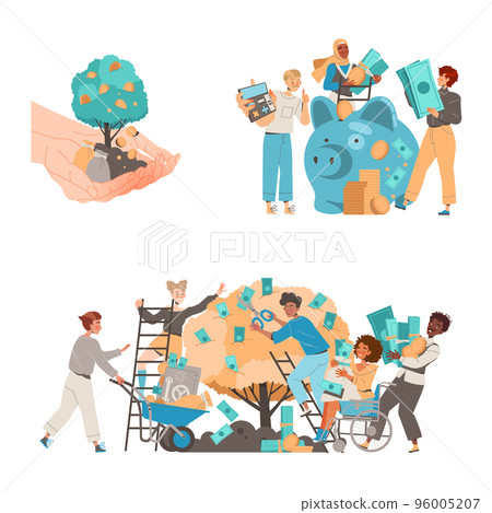People Character Growing Money Tree Picking Golden Coins and Banknote Vector Set People Character Growing Money Tree Picking Golden Coins and Banknote Vector Set 96005207
