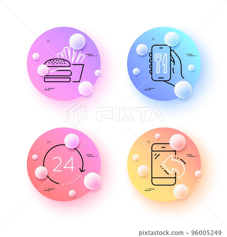 Burger, Incoming call and 24 hours minimal line icons. 3d spheres or balls buttons. Restaurant app icons. For web, application, printing. Cheeseburger, Phone support, Time. Smartphone food. Vector Burger, Incoming call and 24 hours minimal line icons. 3d spheres or balls buttons. Restaurant app icons. For web, application, printing. Cheeseburger, Phone support, Time. Smartphone food. Vector 96005249
