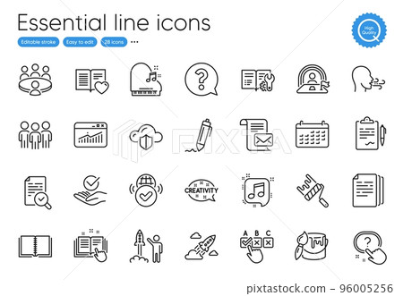 Mail letter, Startup rocket and Lgbt line icons. Collection of Approved, Verified internet, Book icons. Musical note, Correct checkbox, Inspect web elements. Signature, Paint roller. Vector Mail letter, Startup rocket and Lgbt line icons. Collection of Approved, Verified internet, Book icons. Musical note, Correct checkbox, Inspect web elements. Signature, Paint roller. Vector 96005256