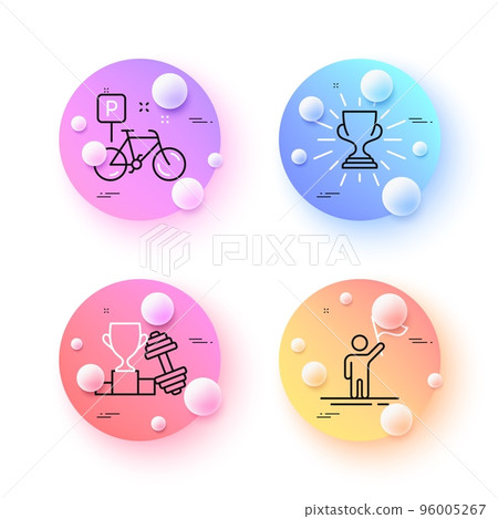 Trophy, Dumbbell and Leadership minimal line icons. 3d spheres or balls buttons. Bike icons. For web, application, printing. Winner cup, Winner flag, Mountain bicycle. Trophy line icon banner. Vector Trophy, Dumbbell and Leadership minimal line icons. 3d spheres or balls buttons. Bike icons. For web, application, printing. Winner cup, Winner flag, Mountain bicycle. Trophy line icon banner. Vector 96005267