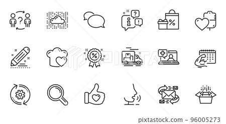 Outline set of Medical help, Like hand and Research line icons for web application. Talk, information, delivery truck outline icon. Include Love cooking, Cloud system, Delegate question icons. Vector Outline set of Medical help, Like hand and Research line icons for web application. Talk, information, delivery truck outline icon. Include Love cooking, Cloud system, Delegate question icons. Vector 96005273