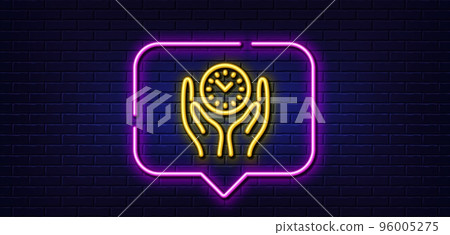 Neon light speech bubble. Safe time line icon. Clock sign. Office management symbol. Neon light background. Safe time glow line. Brick wall banner. Vector 96005275