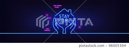 Neon light glow effect. Stay home line icon. Coronavirus pandemic quarantine sign. Save lives symbol. 3d line neon glow icon. Brick wall banner. Stay home outline. Vector 96005304