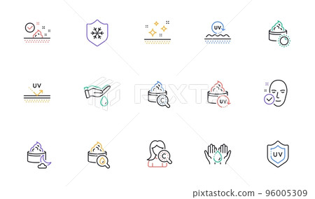 Skin care line icons. Collagen, Cream, Serum oil and Skincare. Face sun lotion gel, Uv protection, vitamin E icons. Face skin care cream protection. Linear set. Bicolor outline web elements. Vector 96005309