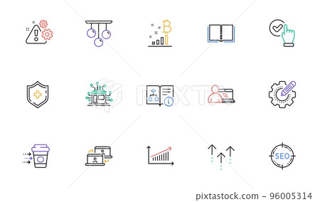 Bitcoin graph, Checkbox and Settings gear line icons for website, printing. Collection of Swipe up, Technical algorithm, Online education icons. Medical shield, Outsource work. Vector Bitcoin graph, Checkbox and Settings gear line icons for website, printing. Collection of Swipe up, Technical algorithm, Online education icons. Medical shield, Outsource work. Vector 96005314