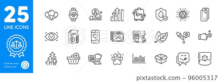 Outline icons set. Add purchase, Documentation and Waterproof icons. Money diagram, Career ladder, Love chat web elements. Cardio training, Smartphone glass, Leaf signs. Employee result. Vector Outline icons set. Add purchase, Documentation and Waterproof icons. Money diagram, Career ladder, Love chat web elements. Cardio training, Smartphone glass, Leaf signs. Employee result. Vector 96005317
