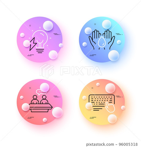 Employees talk, Electricity bulb and Computer keyboard minimal line icons. 3d spheres or balls buttons. Safe water icons. For web, application, printing. Vector Employees talk, Electricity bulb and Computer keyboard minimal line icons. 3d spheres or balls buttons. Safe water icons. For web, application, printing. Vector 96005318