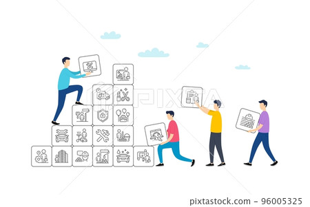Professional services line icons. People team work concept. Car repair, Home cleaning, Engineering service line icons. Builder and Painter, Wrench tool with hammer, Car wash. Vector 96005325