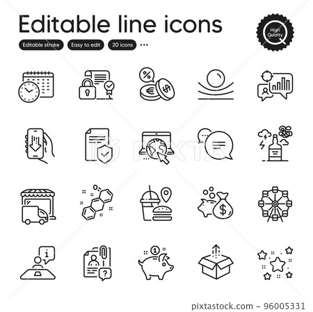 Set of Business outline icons. Contains icons as Text message, Chemical formula and Currency exchange elements. Stars, Download app, Elastic material web signs. Alcohol addiction. Vector 96005331