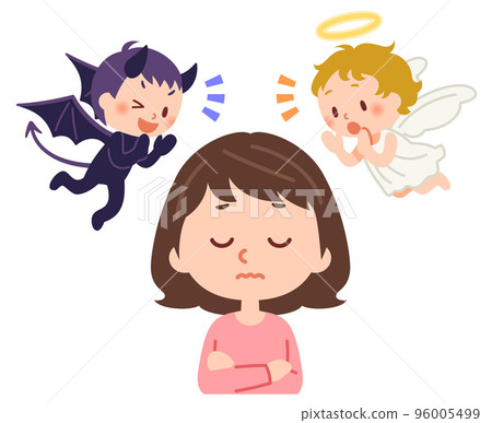 A woman broods while being whispered by angels and demons 96005499