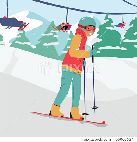 Teen Boy Skiing at Mountain Resort with Ropeway. Child Wear Sportive Costume, Helmet and Goggles Going Downhill by Skis 96005524