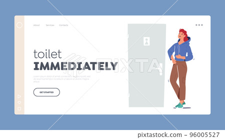 Woman Rushing To Go To Restroom Or Lavatory Landing Page Template. Girl Urgently Need To Pee Or Poop 96005527