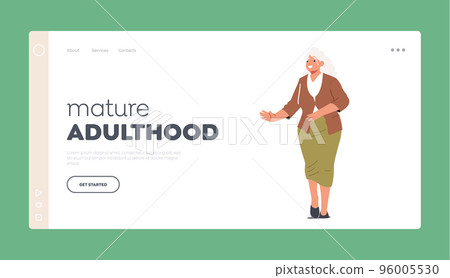 Mature Adulthood Landing Page Template. Senior Female Character Wear Blouse and Skirt. Mature Positive Grandmother 96005530