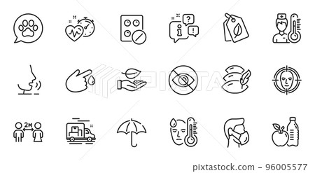 Outline set of Medical mask, Thermometer and Healthy food line icons for web application. Talk, information, delivery truck outline icon. Include Social distancing, Not looking, Umbrella icons. Vector 96005577