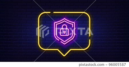 Neon light speech bubble. Shield line icon. Privacy secure sign. Safe defense symbol. Neon light background. Shield glow line. Brick wall banner. Vector Neon light speech bubble. Shield line icon. Privacy secure sign. Safe defense symbol. Neon light background. Shield glow line. Brick wall banner. Vector 96005587