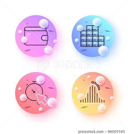 Timer, Wallet and Wholesale inventory minimal line icons. 3d spheres or balls buttons. Roller coaster icons. For web, application, printing. Time management, Money budget, Warehouse parcel. Vector 96005595