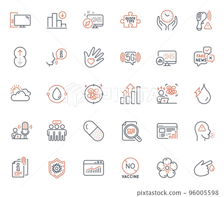 Science icons set. Included icon as Blood donation, Hydroelectricity and Coronavirus protection web elements. Cough, Quick tips, Cold-pressed oil icons. Employees group, Sunny weather. Vector 96005598