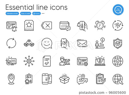 Wind energy, Remove and Time management line icons. Collection of Global insurance, Messenger mail, Web settings icons. Parcel shipping, Financial app, Timer web elements. Loyalty ticket. Vector Wind energy, Remove and Time management line icons. Collection of Global insurance, Messenger mail, Web settings icons. Parcel shipping, Financial app, Timer web elements. Loyalty ticket. Vector 96005600
