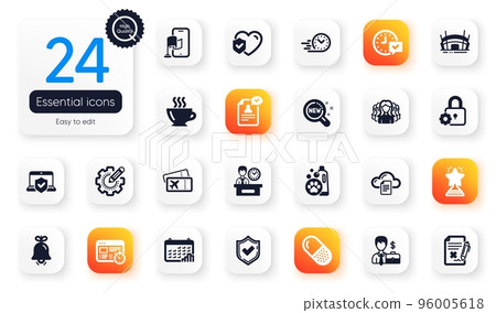 Set of Business flat icons. Presentation time, Pet shampoo and Women group elements for web application. Web timer, Calendar graph, Lock icons. Settings gear, Life insurance. Vector Set of Business flat icons. Presentation time, Pet shampoo and Women group elements for web application. Web timer, Calendar graph, Lock icons. Settings gear, Life insurance. Vector 96005618