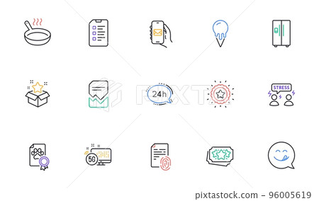 Difficult stress, Dog certificate and 5g internet line icons for website, printing. Collection of Winner star, Corrupted file, Frying pan icons. Mail app, Fingerprint, Ice cream web elements. Vector Difficult stress, Dog certificate and 5g internet line icons for website, printing. Collection of Winner star, Corrupted file, Frying pan icons. Mail app, Fingerprint, Ice cream web elements. Vector 96005619