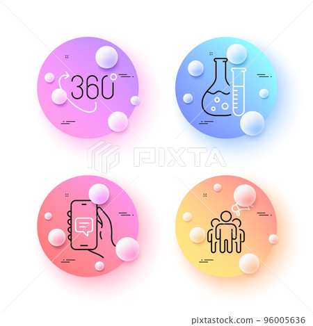 Chemistry lab, Chat app and 360 degree minimal line icons. 3d spheres or balls buttons. Brand ambassador icons. For web, application, printing. Laboratory, Smartphone message, Virtual reality. Vector 96005636