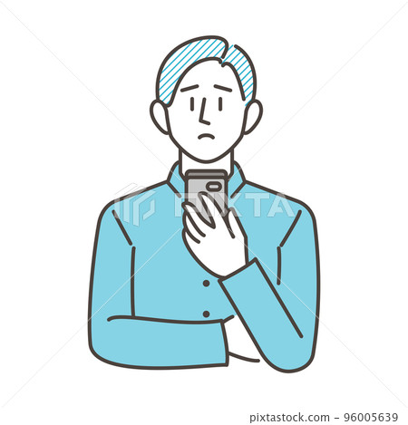 A young man who is troubled, worried, thinking about looking at a smartphone (smartphone) [vector illustration material] 96005639