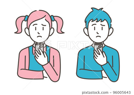Children (boys, girls) who are troubled, worried, thinking about looking at smartphones (smartphones) [vector illustration material] 96005643